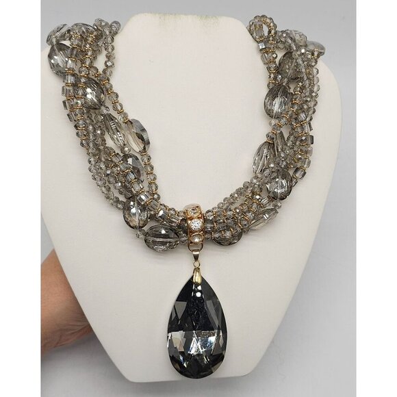 Elegant Multi-Strand Crystal Necklace Large Teardrop Pendant Adjustable Chain - Picture 8 of 9